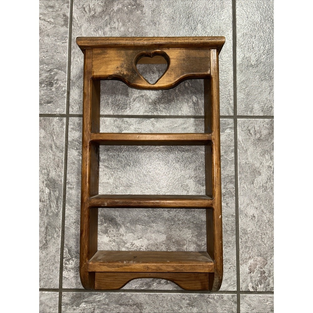 Vintage Wooden Three Tiered Wall Shelf‎ Heart Cutout Handmade Country Decor